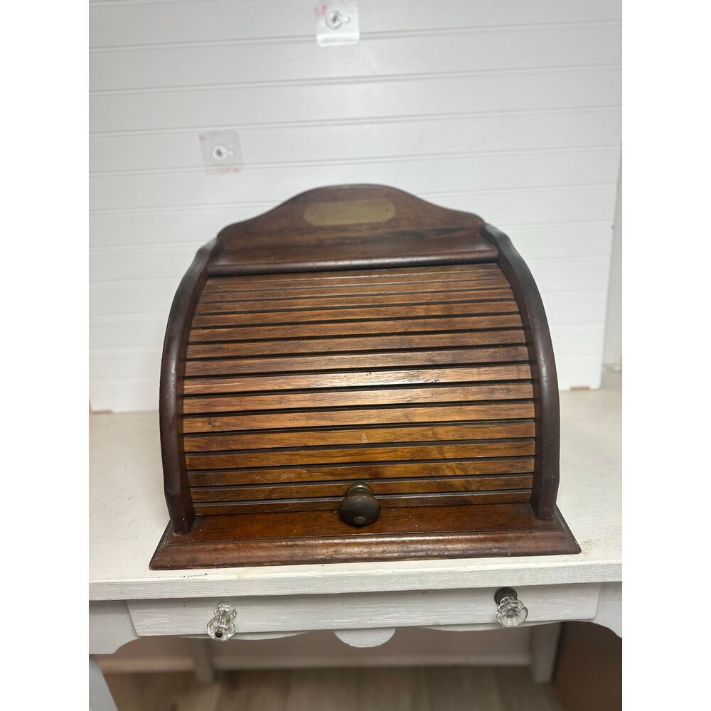 Vintage Ma Leck Woodcraft Wooden Roll Top Bread Box USA Brass Bread Nameplate